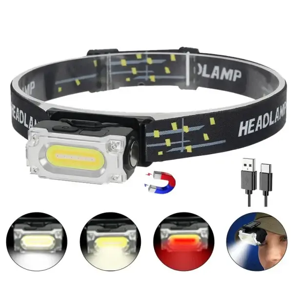 Expresní Doručení LED čelovka s magnetem USB C 4,5 x 8,5 cm Výkonná čelová svítilna s klipem a páskem 500 m dosvit 6 režimů světla Turistická výbava