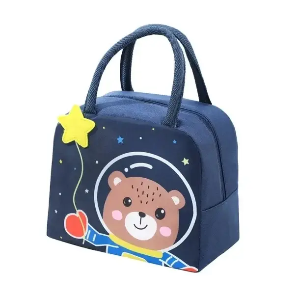 Dětská termo taška 23x14x19 cm Modrá barva Roztomilý motiv medvěda Svačinová obědová taška do školy Izolační vrstva Zip Lehká Omezená Nabídka