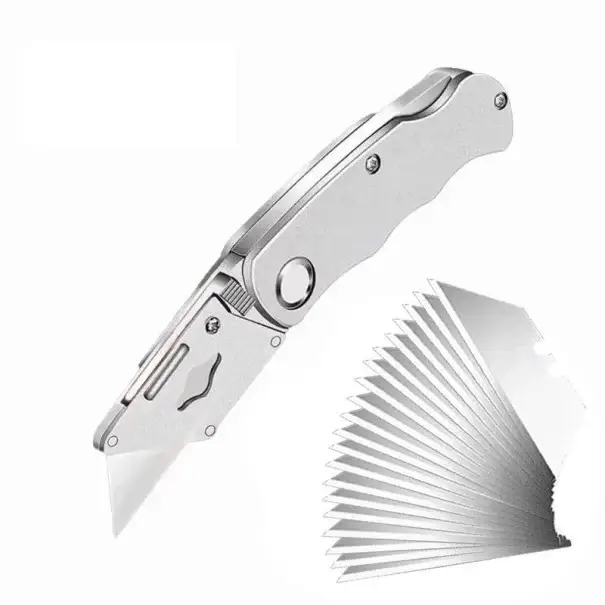 Skládací nůž 15 cm s 10 náhradními čepelemi Řezací nůž na karton Tapetovací nůž na koberec Hobby nůž pro kutily Do dílny i na stavbu Poslední Šance