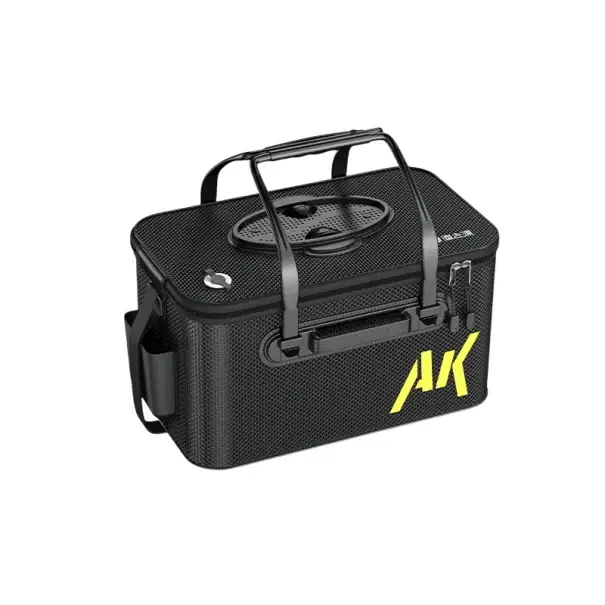 Skládací rybářský kbelík 24 l zesílený EVA materiál 40 × 25,5 × 24 cm černý s víkem a boční kapsou pro živé ryby a vodu Top Prodej
