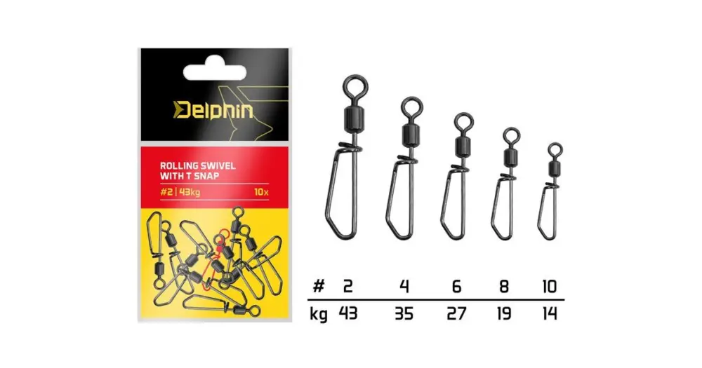 Rychlé Dodání Delphin Karabinka S Obratlíkem Rolling Swivel With T Snap 10 ks - Velikost 2 Nosnost 43 kg