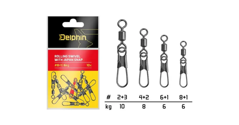 Omezená Nabídka Delphin Karabinka S Obratlíkem Rolling Swivel With Japan Snap 10 ks - Velikost 2+3 Nosnost 10 kg