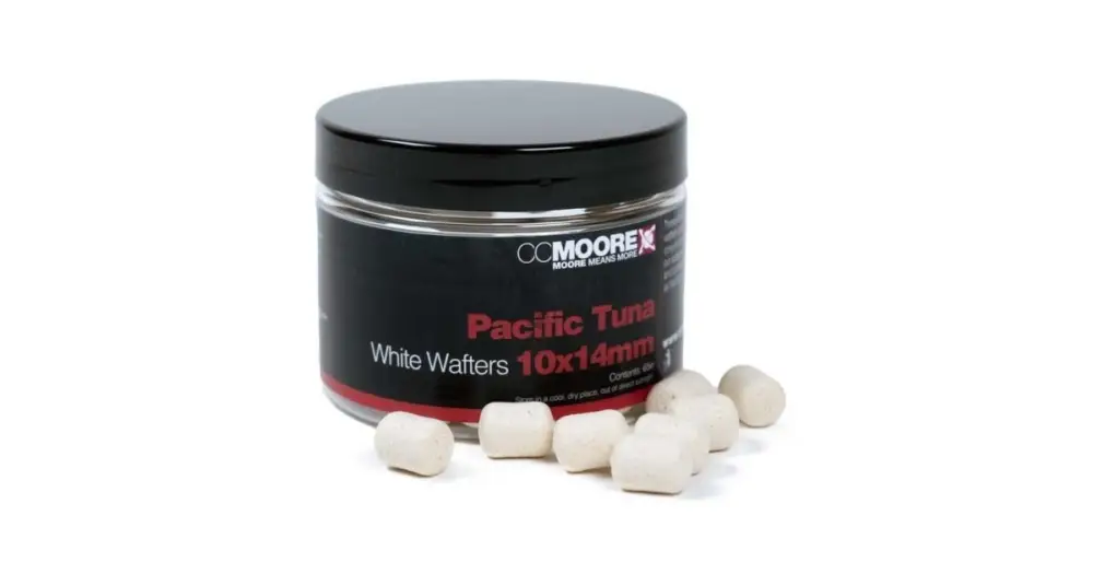 Speciální Cena CC Moore Vyvážené Boilie Dumbell Wafters Pacific Tuna White 10x14 mm 65 ks