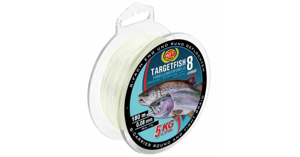 Aktuální WFT Splétaná Šňůra Targetfish 8 Meerforelle Forelle Poloprůhledná - 0,12 mm 8 kg 180 m