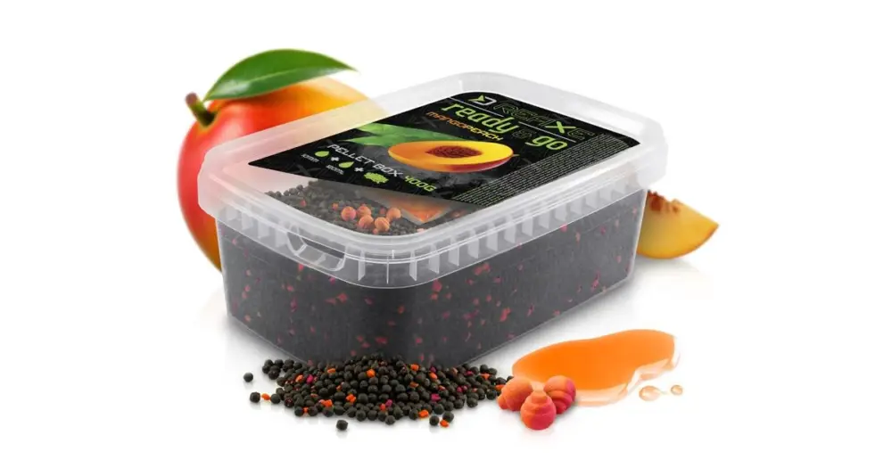Autentický Delphin Pelety Reaxe Ready&Go Pellet Box + Booster a Nástrahy Mango-Broskev 400 g